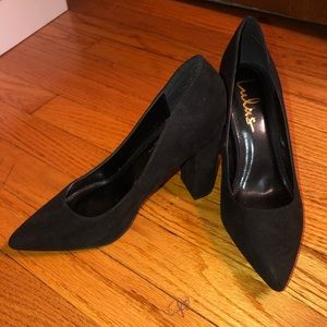 Black suede pointy toe chunky Lulus heels